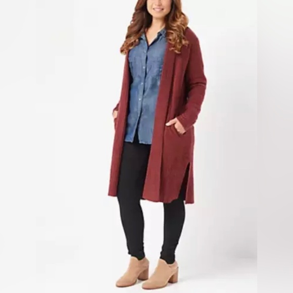 Barefoot Dreams CozyChic Lite Catalina Cardi Sweater Garnet Red Cardigan Duster - Picture 16 of 16